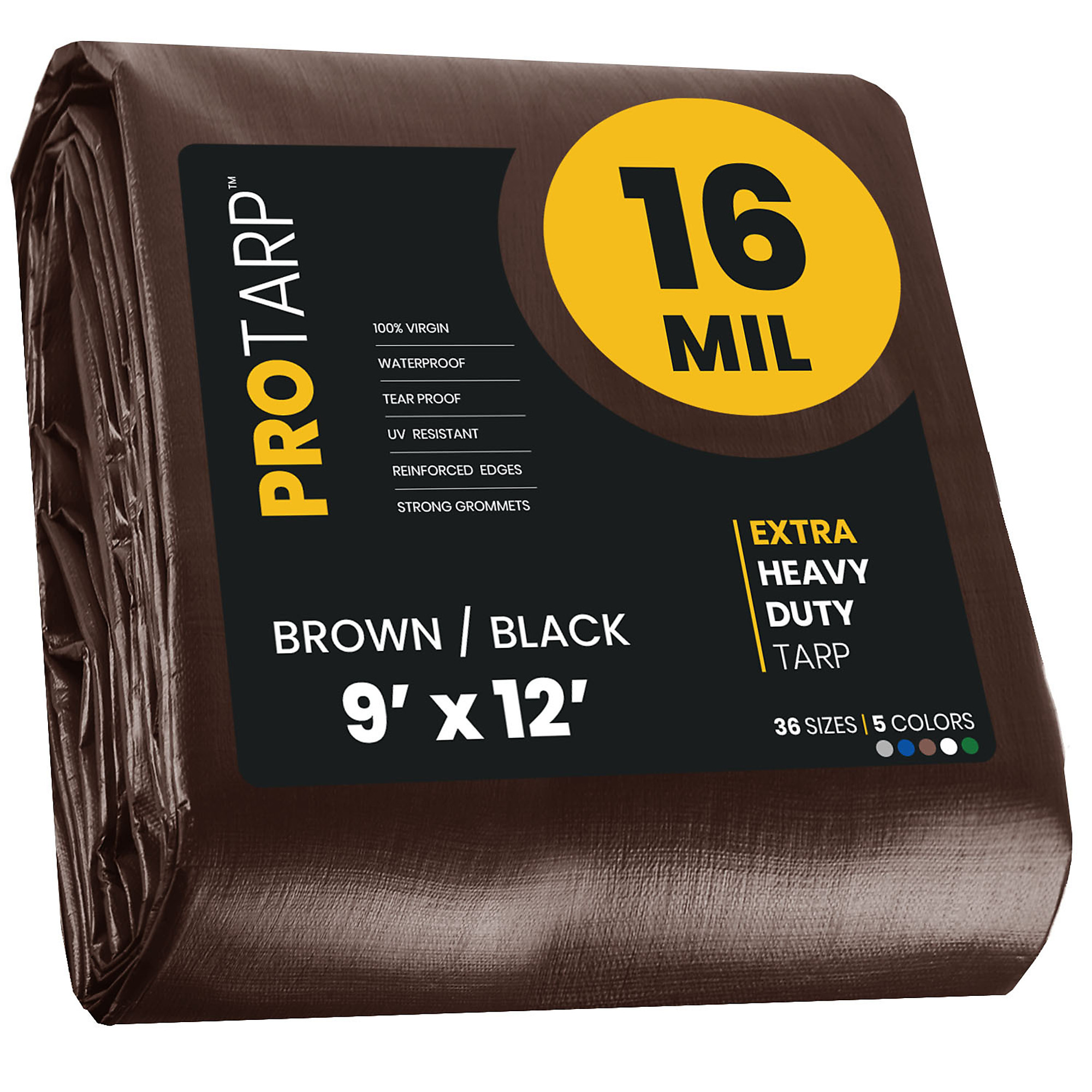 Protarp Extra Heavy-Duty Tarp Cover — 9ft. x 12ft., 16 Mil, Waterproof, UV Resistant, Reinforced Edges, Brown/Black, Model# PT-102-9X12
